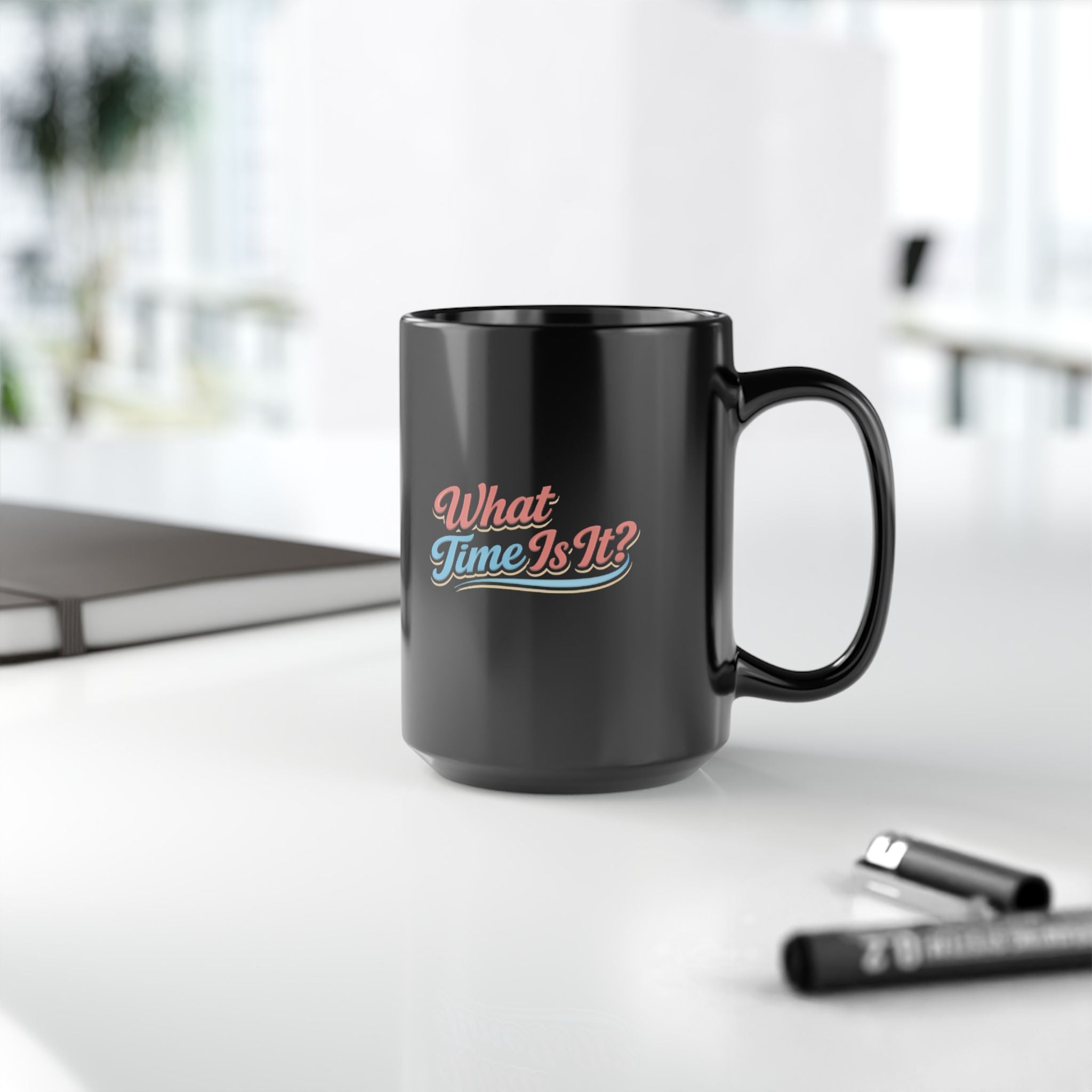 "It's Ice Cream Time - What Time Is It?" Retro Script Black Mug — 11oz & 15oz