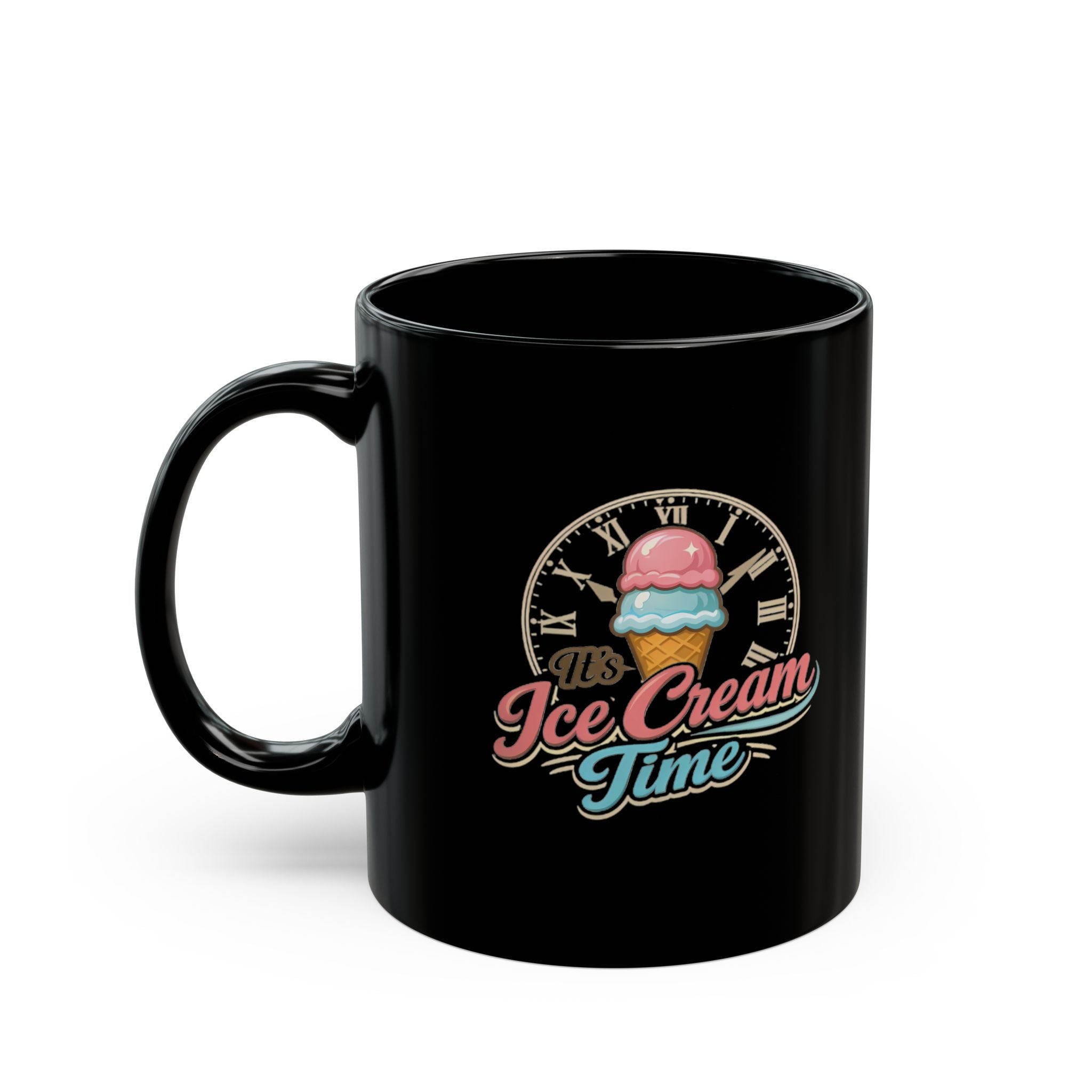 "It's Ice Cream Time - What Time Is It?" Retro Script Black Mug — 11oz & 15oz