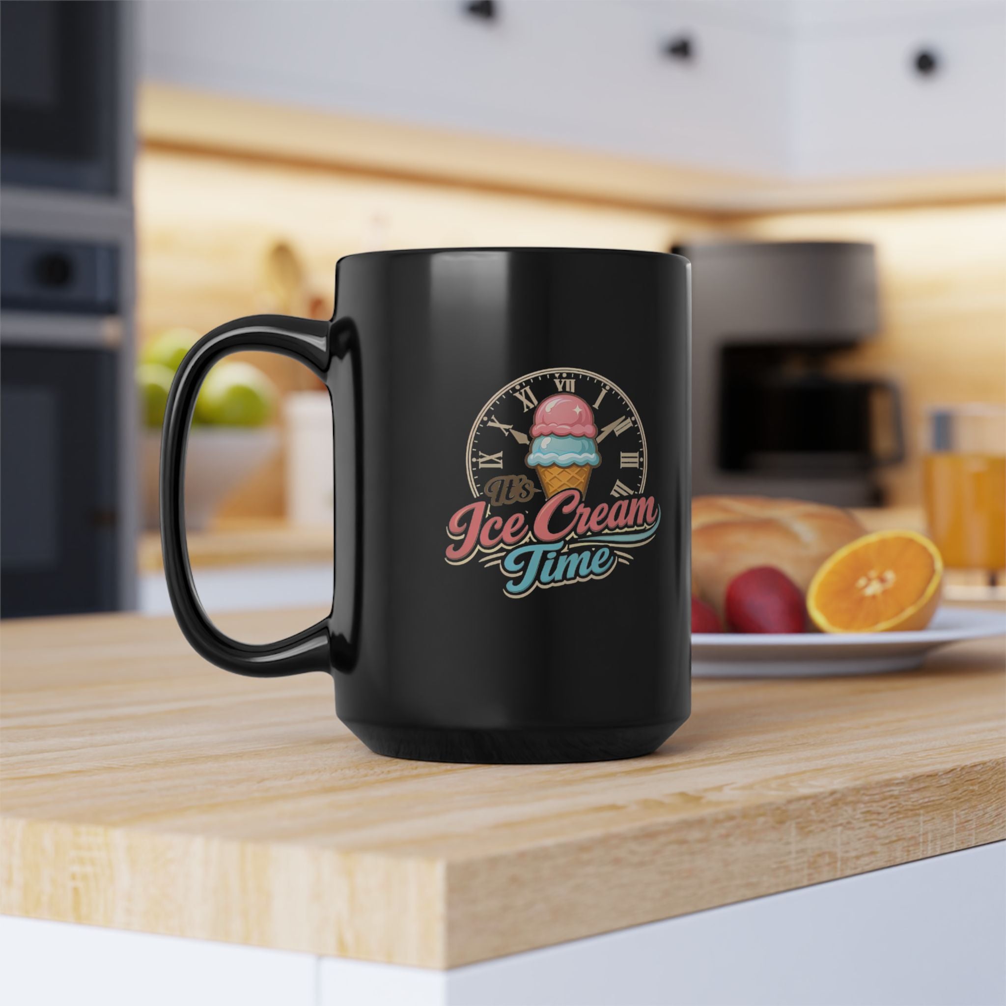 "It's Ice Cream Time - What Time Is It?" Retro Script Black Mug — 11oz & 15oz